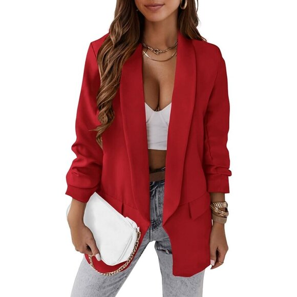 Jackets & Blazers - Women's Red Casual Blazer Spring Fall Fashion Long Sleeve Open Front Work